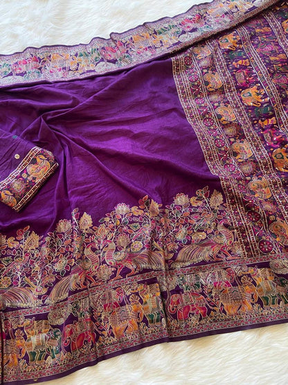Pure Rajwadi Pashmina Weaving Silk Saree with Zari Border & Hand-Dyed Elegance