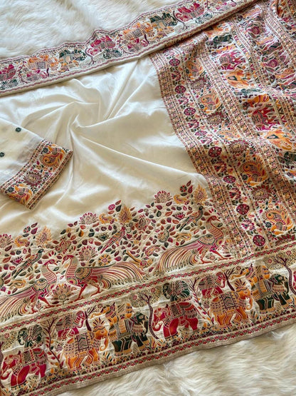 Pure Rajwadi Pashmina Weaving Silk Saree with Zari Border & Hand-Dyed Elegance