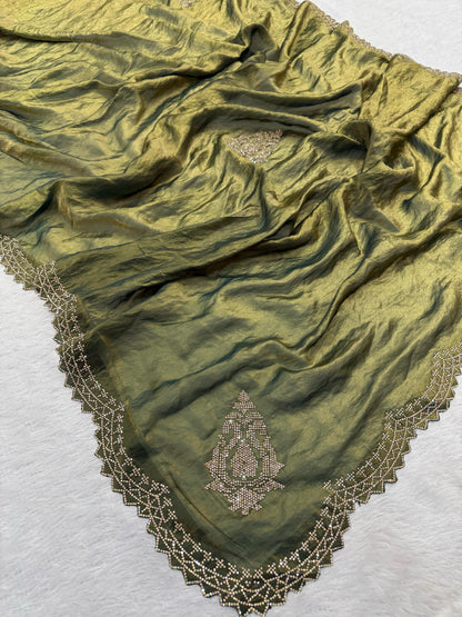 Royal Olive Green Satin Saree with Zarkhan Work