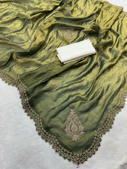 Royal Olive Green Satin Saree with Zarkhan Work