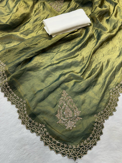 Royal Olive Green Satin Saree with Zarkhan Work