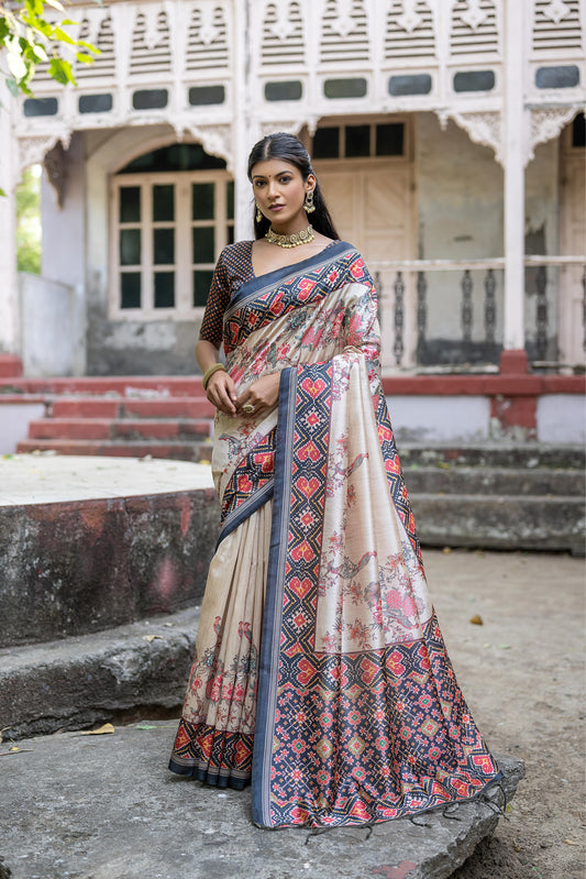 Classic Soft Tussar Silk Saree Featuring Patola Pallu and Floral Motifs