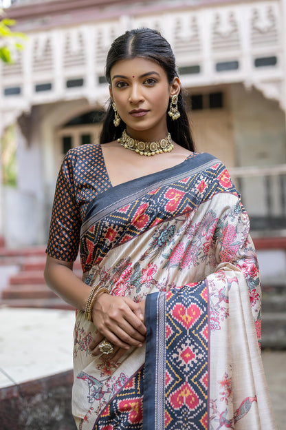 Classic Soft Tussar Silk Saree Featuring Patola Pallu and Floral Motifs