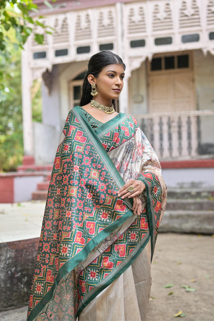 Classic Soft Tussar Silk Saree Featuring Patola Pallu and Floral Motifs