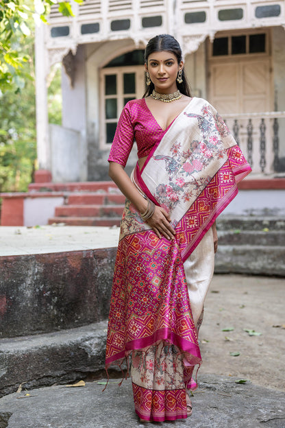 Classic Soft Tussar Silk Saree Featuring Patola Pallu and Floral Motifs