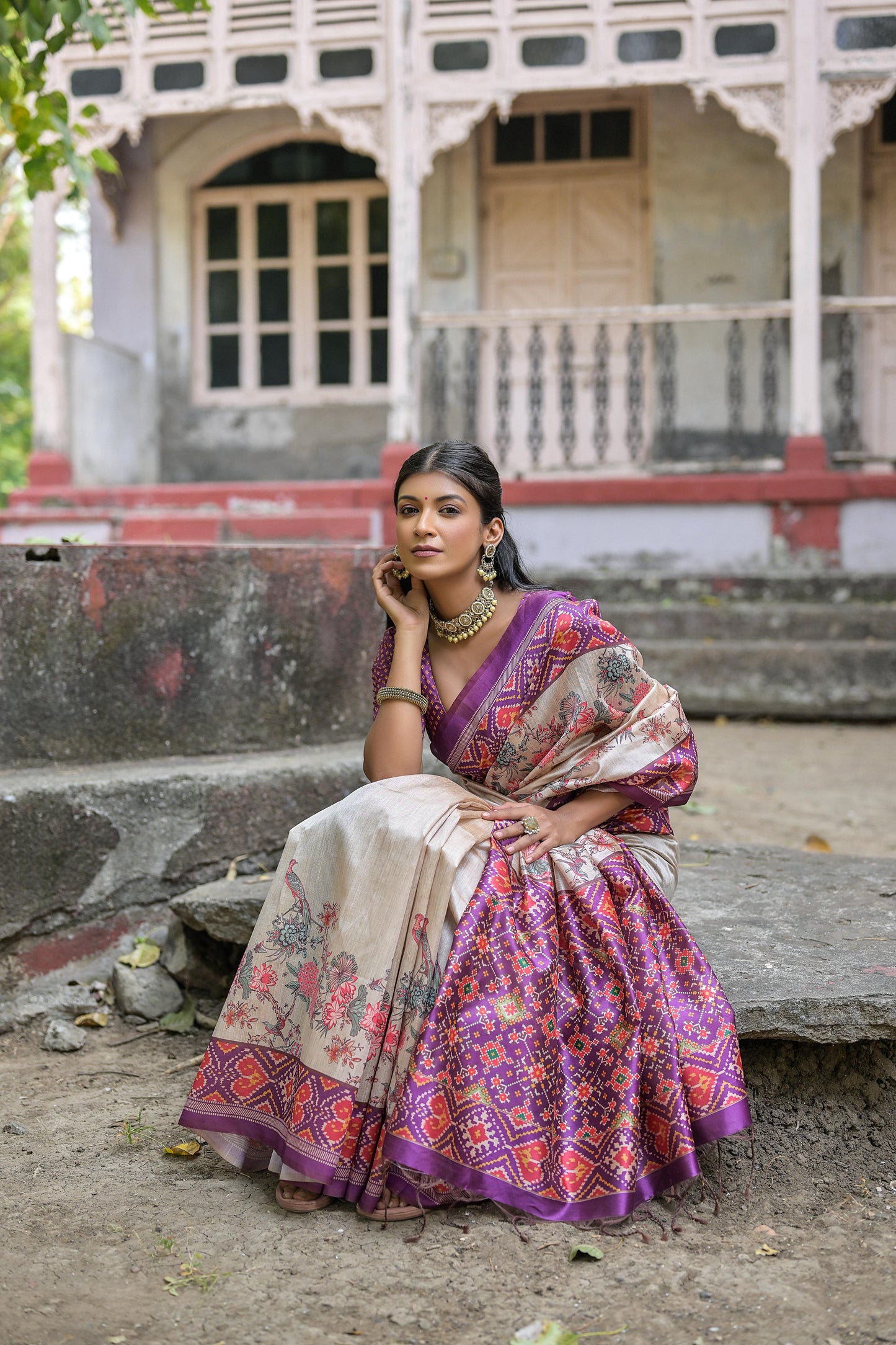 Classic Soft Tussar Silk Saree Featuring Patola Pallu and Floral Motifs