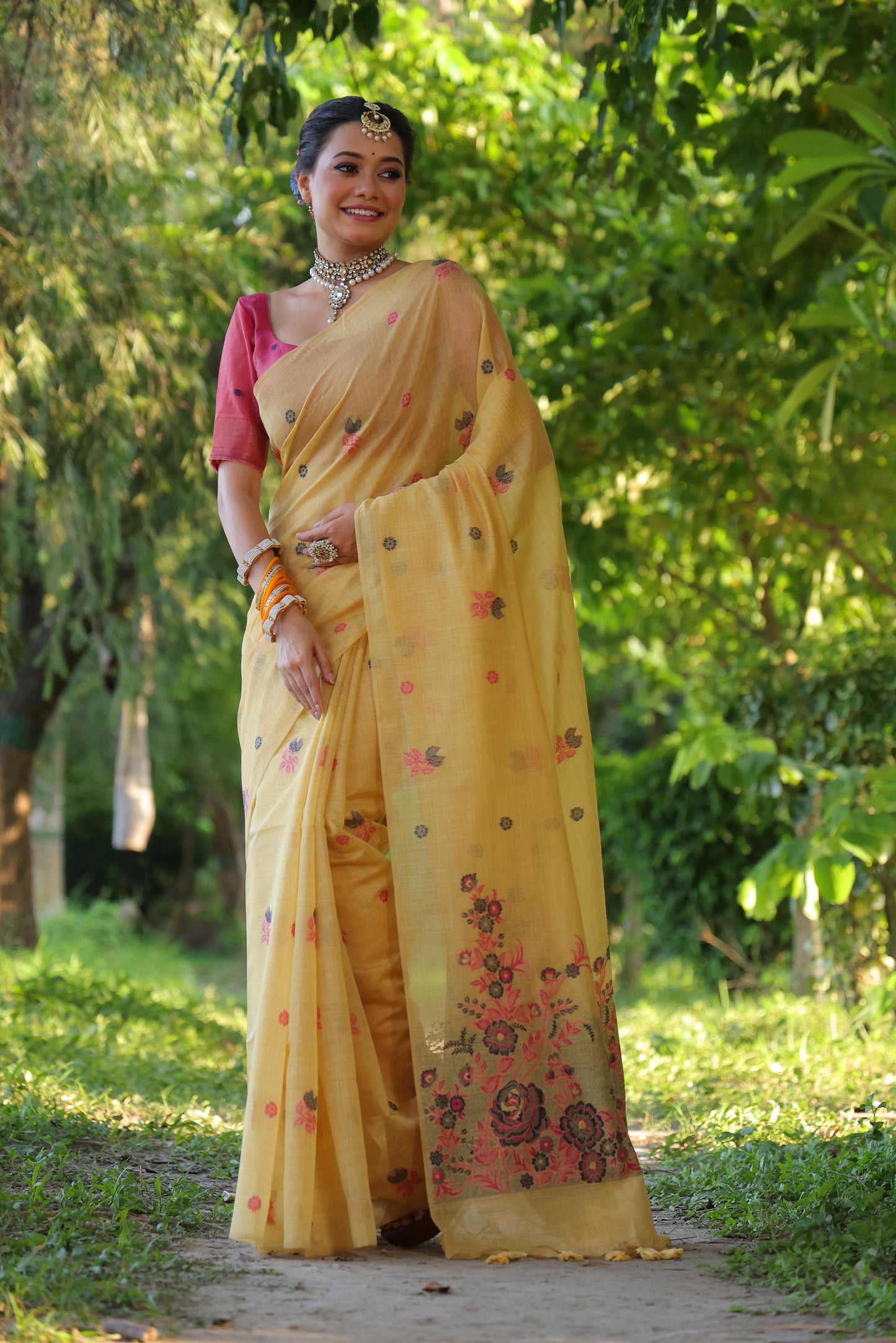 Premium Soft Muga Cotton Saree with Floral Weaving, Resham Pallu, and Fancy Tassels