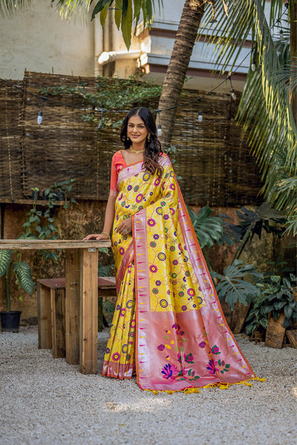 Soft Banarasi Silk Paithani Saree with Floral Zari & Meena Weaving, Contrast Border, and Fancy Tassels