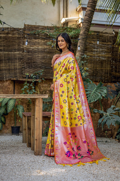 Soft Banarasi Silk Paithani Saree with Floral Zari & Meena Weaving, Contrast Border, and Fancy Tassels