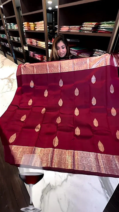 Elegant Maroon Banarasi Soft Silk Saree with Golden Butta Weaving