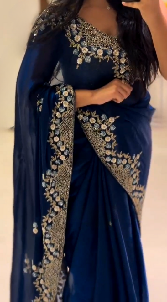 Elegant Navy Blue Fandy Satin Saree with Multicolor Flower Sequin Embroidery