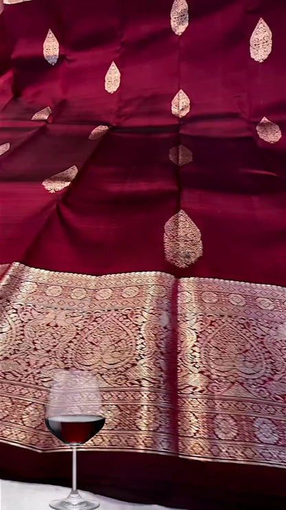 Elegant Maroon Banarasi Soft Silk Saree with Golden Butta Weaving