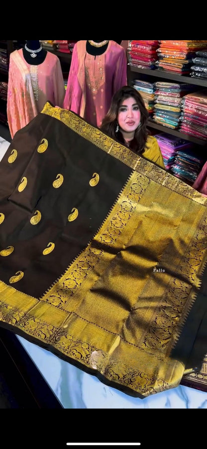 Elegant Black Banarasi Soft Silk Saree with Golden Paisley Weaving