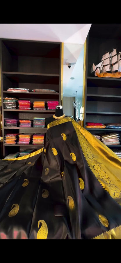 Elegant Black Banarasi Soft Silk Saree with Golden Paisley Weaving