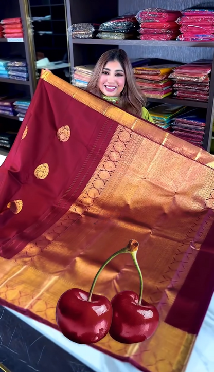 Cherry Glow – Banarasi Soft Silk Saree with Copper Zari Weaving