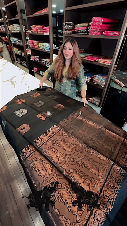 Majestic Black – Banarasi Soft Silk Saree with Antique Copper Zari & Elephant Motifs