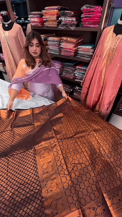 Regal Rust – Banarasi Soft Silk Saree with Majestic Elephant Zari Border
