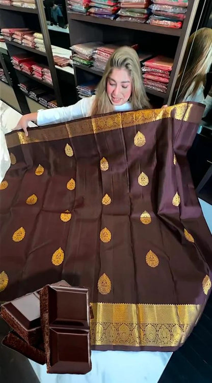 Rich Chocolate Brown – Banarasi Soft Silk Saree with Golden Zari Buttas