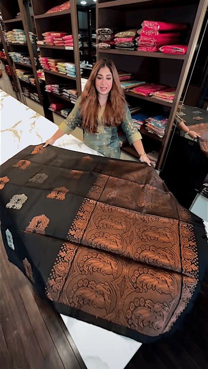 Majestic Black – Banarasi Soft Silk Saree with Antique Copper Zari & Elephant Motifs