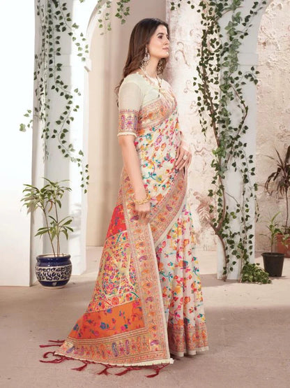 Noor-e-Kashmir White Pashmina Silk Saree
