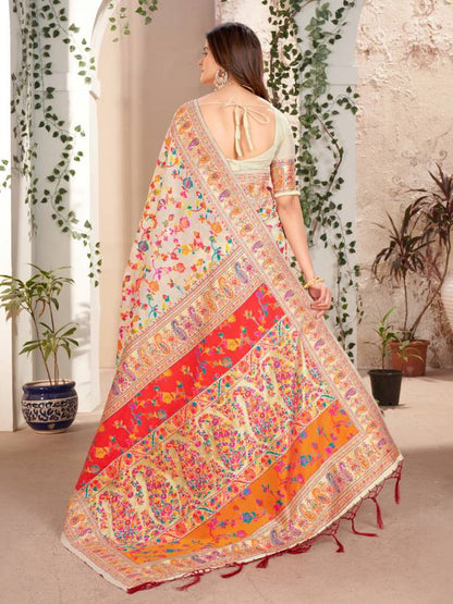 Noor-e-Kashmir White Pashmina Silk Saree