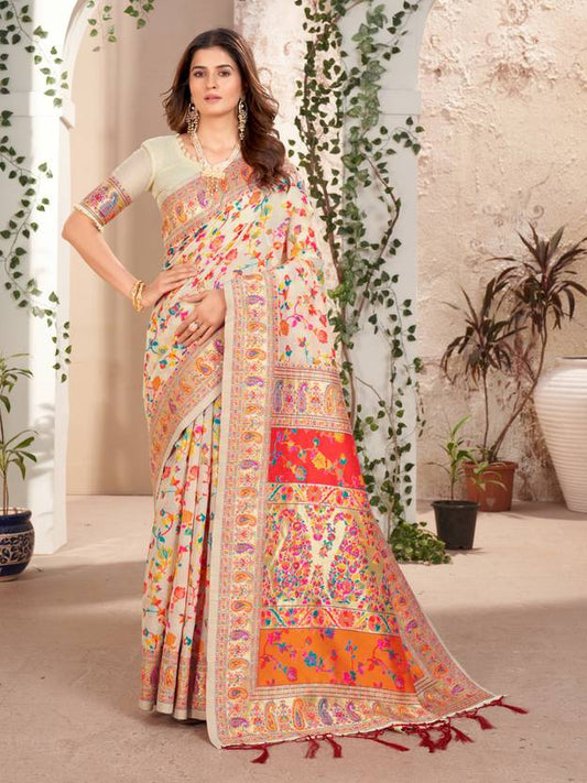 Noor-e-Kashmir White Pashmina Silk Saree