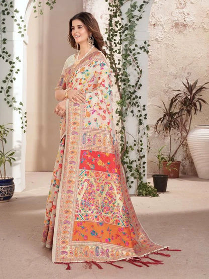 Noor-e-Kashmir White Pashmina Silk Saree