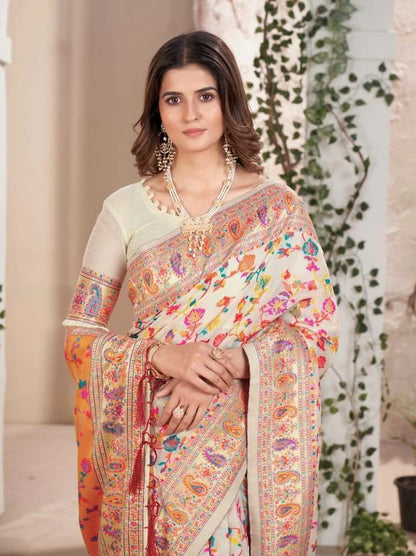 Noor-e-Kashmir White Pashmina Silk Saree