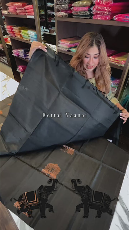 Majestic Black – Banarasi Soft Silk Saree with Antique Copper Zari & Elephant Motifs