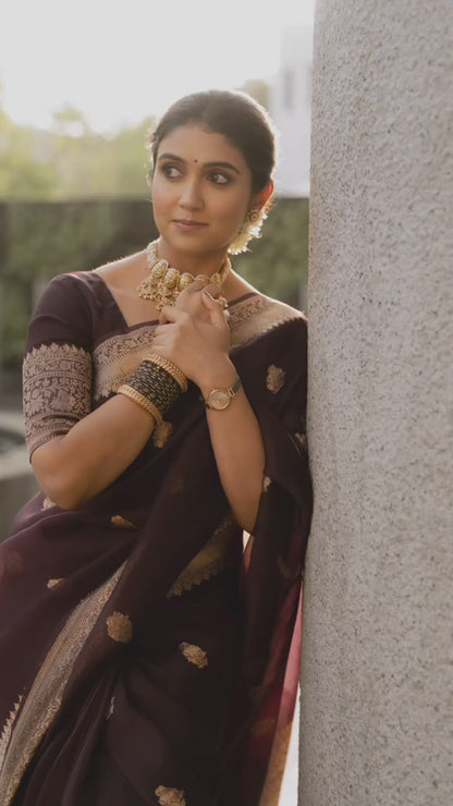 Elegant Deep Maroon Banarasi Soft Silk Saree with Intricate Gold Zari Weaving