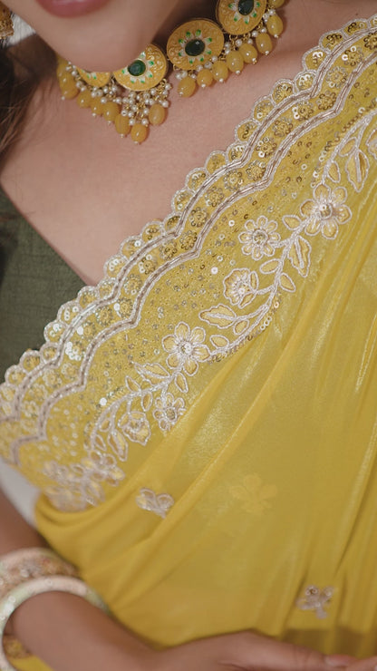 Royal Yellow Fandy Sifforn Saree Embroidery and Hand Work with Zari, Sequin & Contrast Detailing