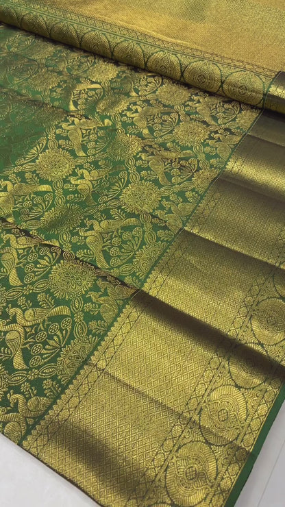 Elegant Green Banarasi Soft Silk Saree with Golden Floral Zari Weaving