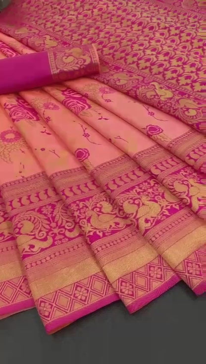 Fuchsia Pink Banarasi Soft Silk Saree with Contrasting Brocade Pallu & Border