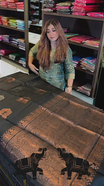 Majestic Black – Banarasi Soft Silk Saree with Antique Copper Zari & Elephant Motifs