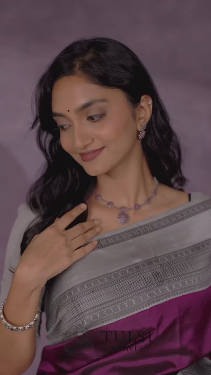 Elegant Purple Banarasi Soft Silk Saree with Silver Zari Border