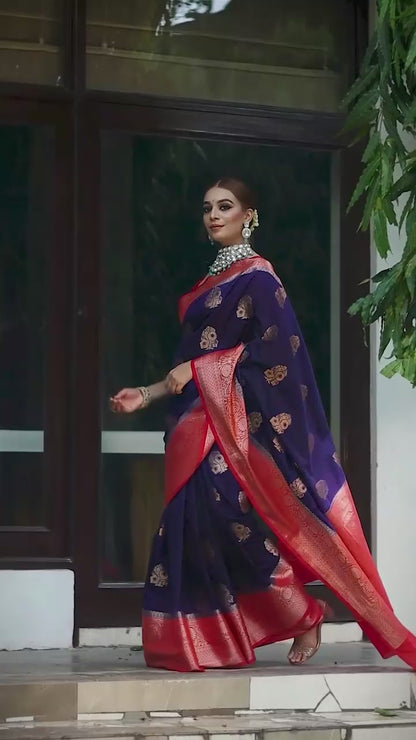 Elegant Banarasi Soft Silk Saree with Gold Zari Weaving