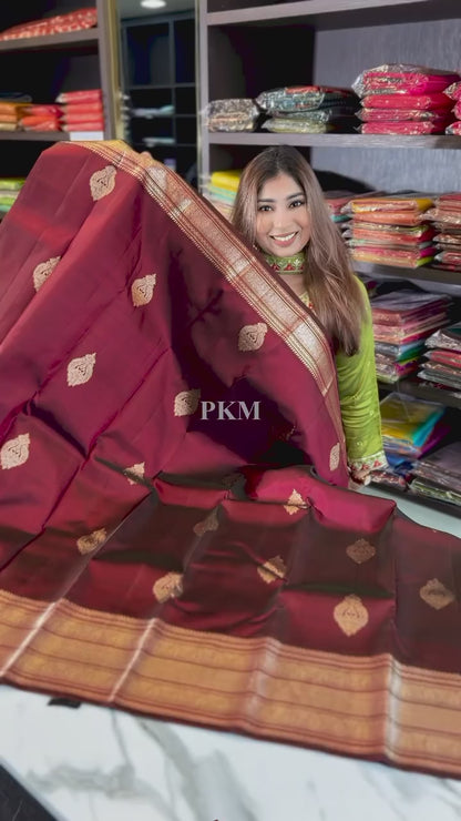 Regal Maroon – Banarasi Soft Silk Saree with Copper Zari Weaving