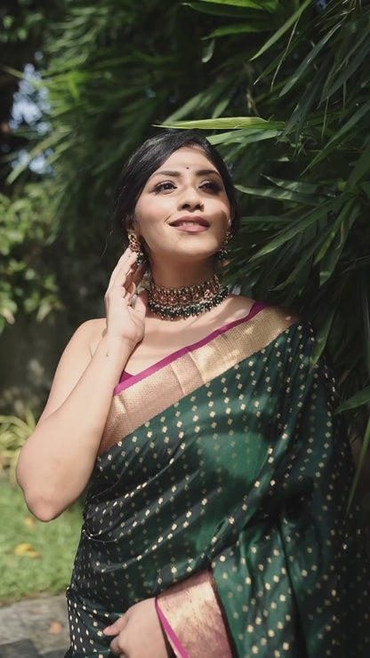 Elegant Green Banarasi Soft Silk Saree with Gold Zari Border