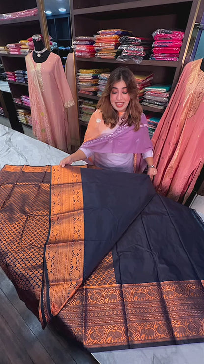 Regal Rust – Banarasi Soft Silk Saree with Majestic Elephant Zari Border