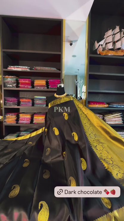 Elegant Black Banarasi Soft Silk Saree with Golden Paisley Weaving